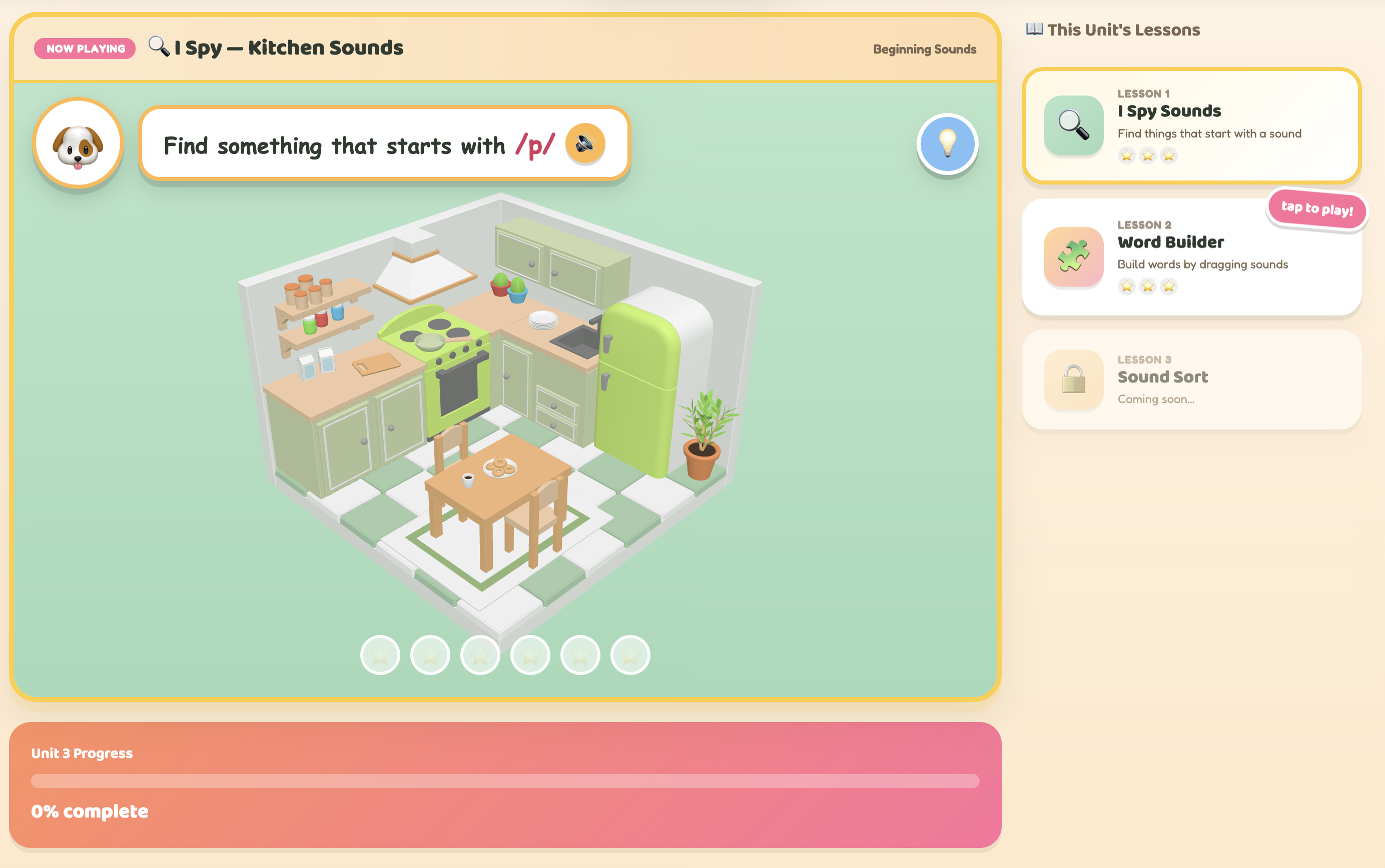 Interactive phonics learning game embedded in an LMS-style lesson — a playful, browser-based early-literacy activity for edtech platforms, schools, and reading programs, built by Tommy at xImmersion